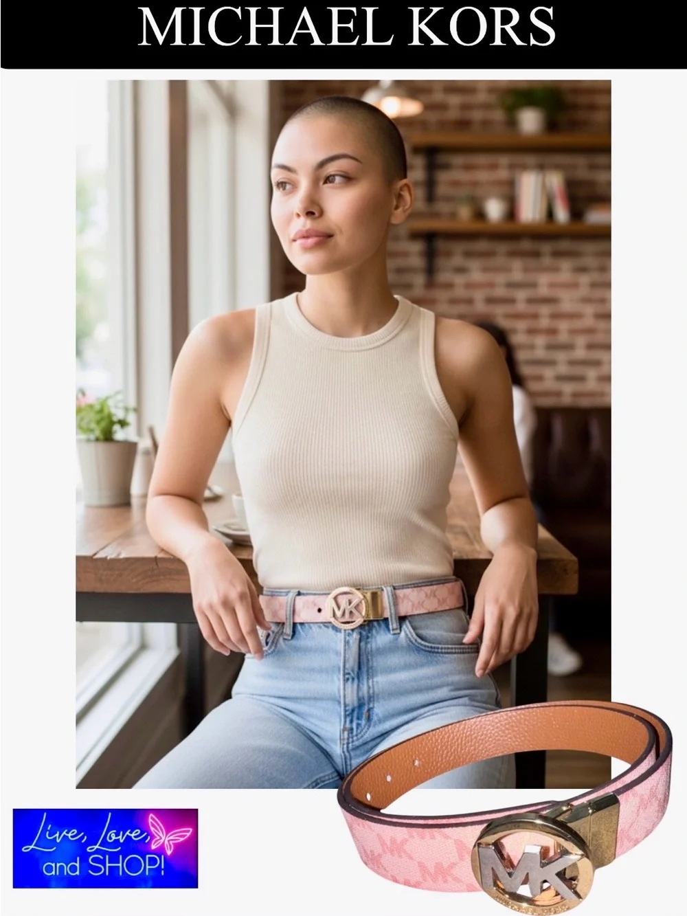 MICHEAL KORS Pink MK Signature Monogram Reversible Belt, EUC